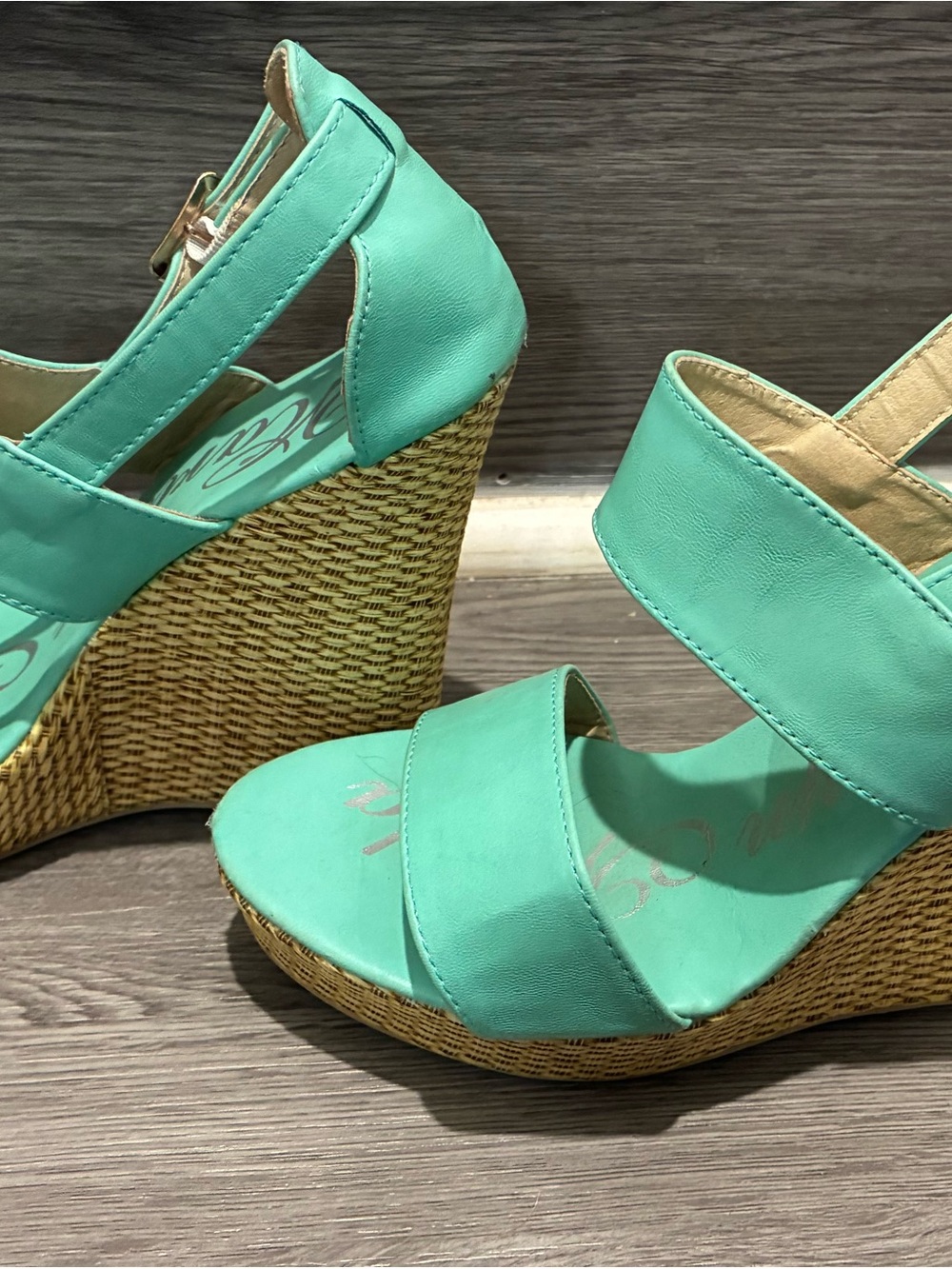 Mint Green Women’s Wedge Sandals with Buckle Strap - Picture 4 of 6